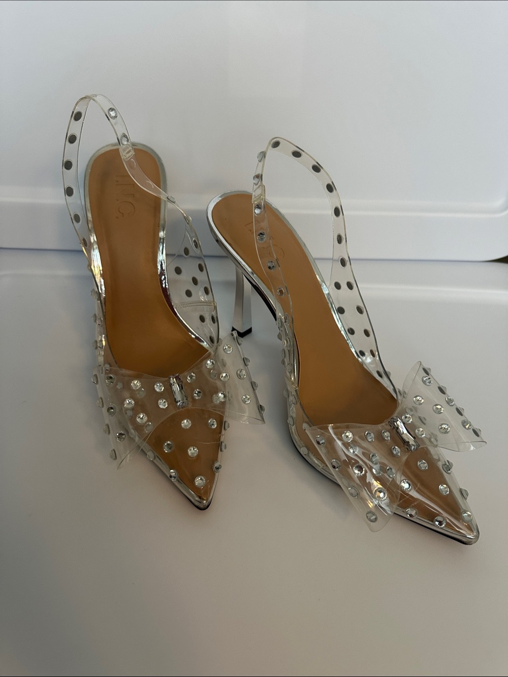 INC Clear Pointed-Toe Slingback Heels with Crystal Studs